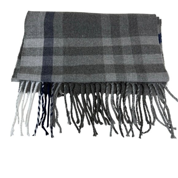 Winter Plaid Cashmere Feel Scarf Tassels Grey Blue Italian Design Warm Gift - Picture 1 of 13